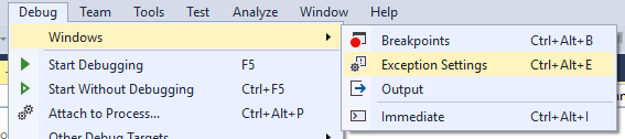 Debug -> Windows -> Exception Settings image